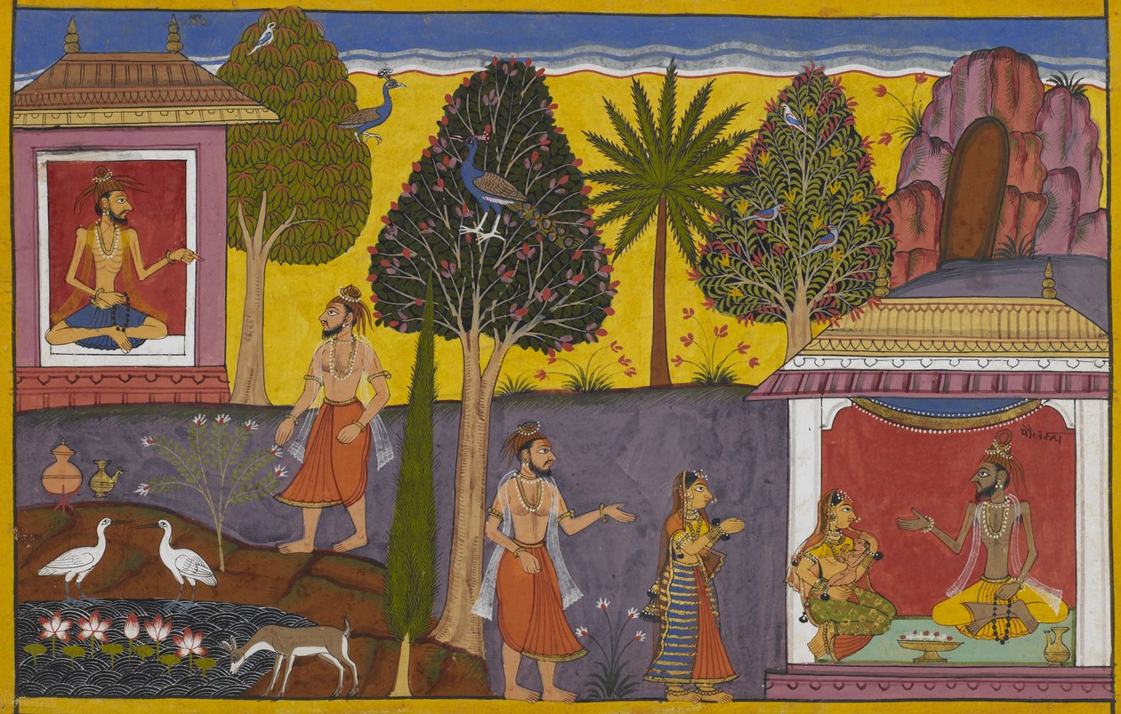 Trinabindu odaadja lányát Poulastyának, aki megáldja őt egy fiúval, Viśravasszal. alkotó: Indian School
