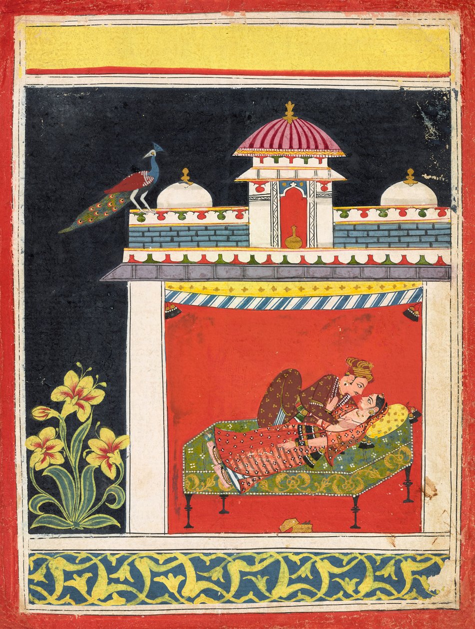Két szerelmes egy pavilonban, egy "Amarushatakából" (Amaru száz verse), vagy egy azonosítatlan erotikus sorozatból, 1680 körül (átlátszatlan akvarell és arany papíron) alkotó: Indian School
