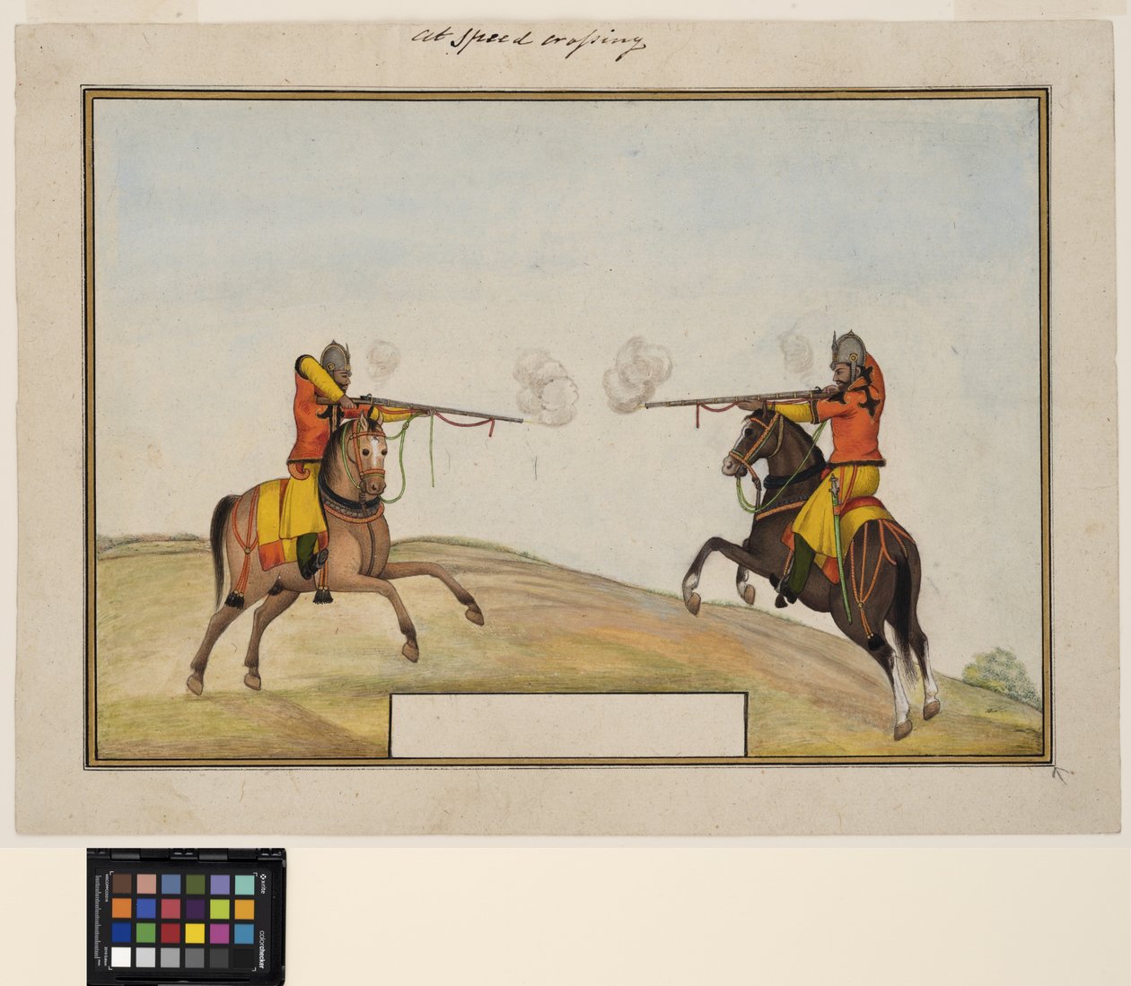 Két lovas katona puskatüzet cserél, 1830 körül (átlátszatlan akvarell és arany papíron) alkotó: Indian School