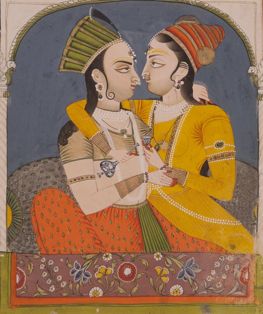 Két királynő megoszt egy italt, a szerelmesek ölelkeznek egy fülkében, 1780 körül (átlátszatlan wc és arany a papíron) alkotó: Indian School