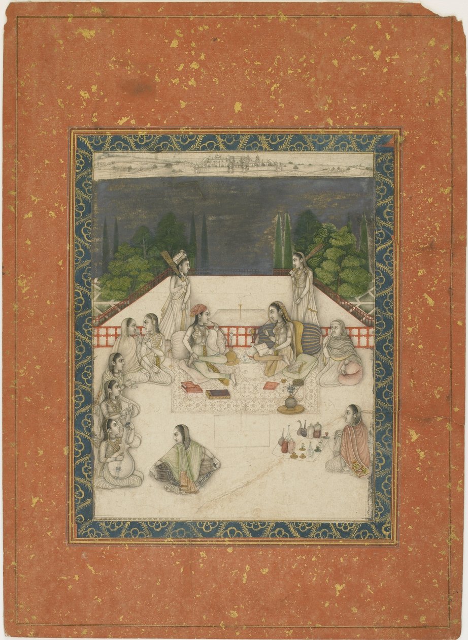 Két nő ül egy teraszon, kísérőkkel és zenészekkel körülvéve, 1650 körül (átlátszatlan wc és arany papíron) alkotó: Indian School