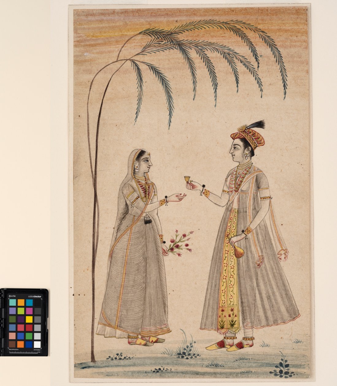 Két nő egy fa alatt, 1750 körül (átlátszatlan akvarell és arany papíron) alkotó: Indian School