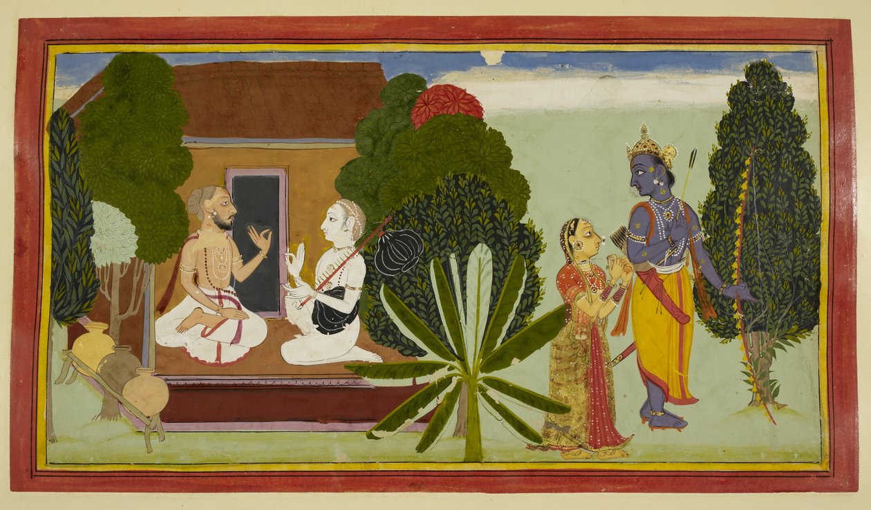 Valmiki és Narada balra beszélgetnek, jobbra Ráma és Szita. alkotó: Indian School