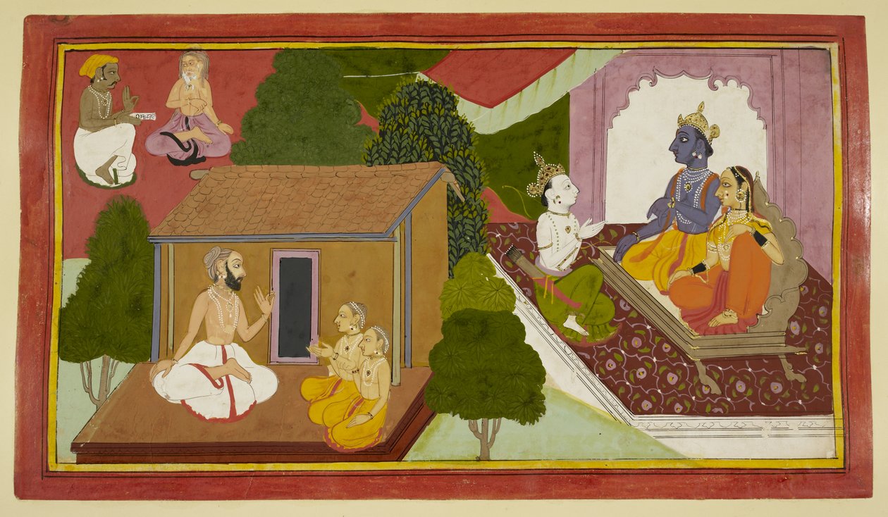 Valmiki tanítja Kushát és Lávát, míg Rámát és Szitát egy hírnök tanácsolja. alkotó: Indian School