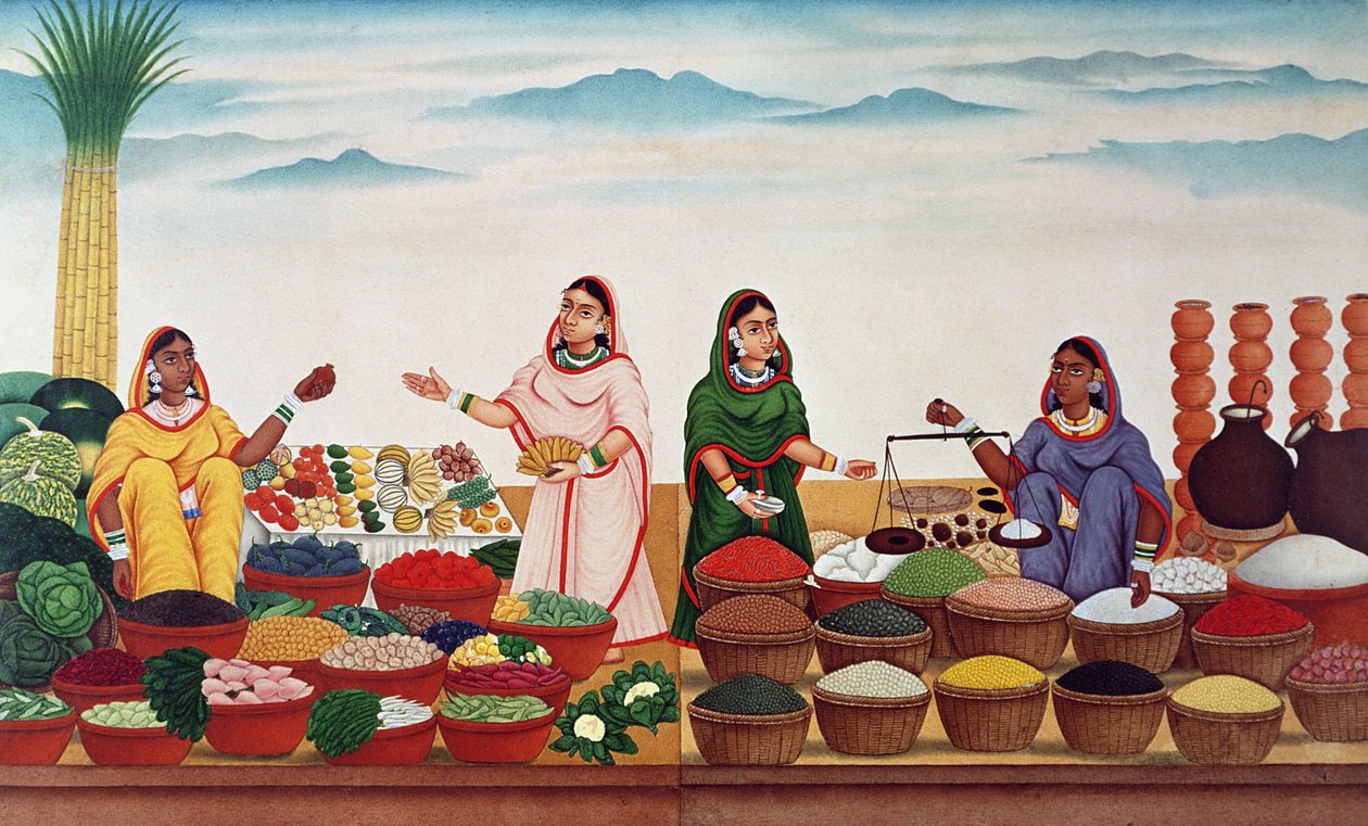 Zöldség- és fűszerpiac Benaresben, 1840 körül alkotó: Indian School