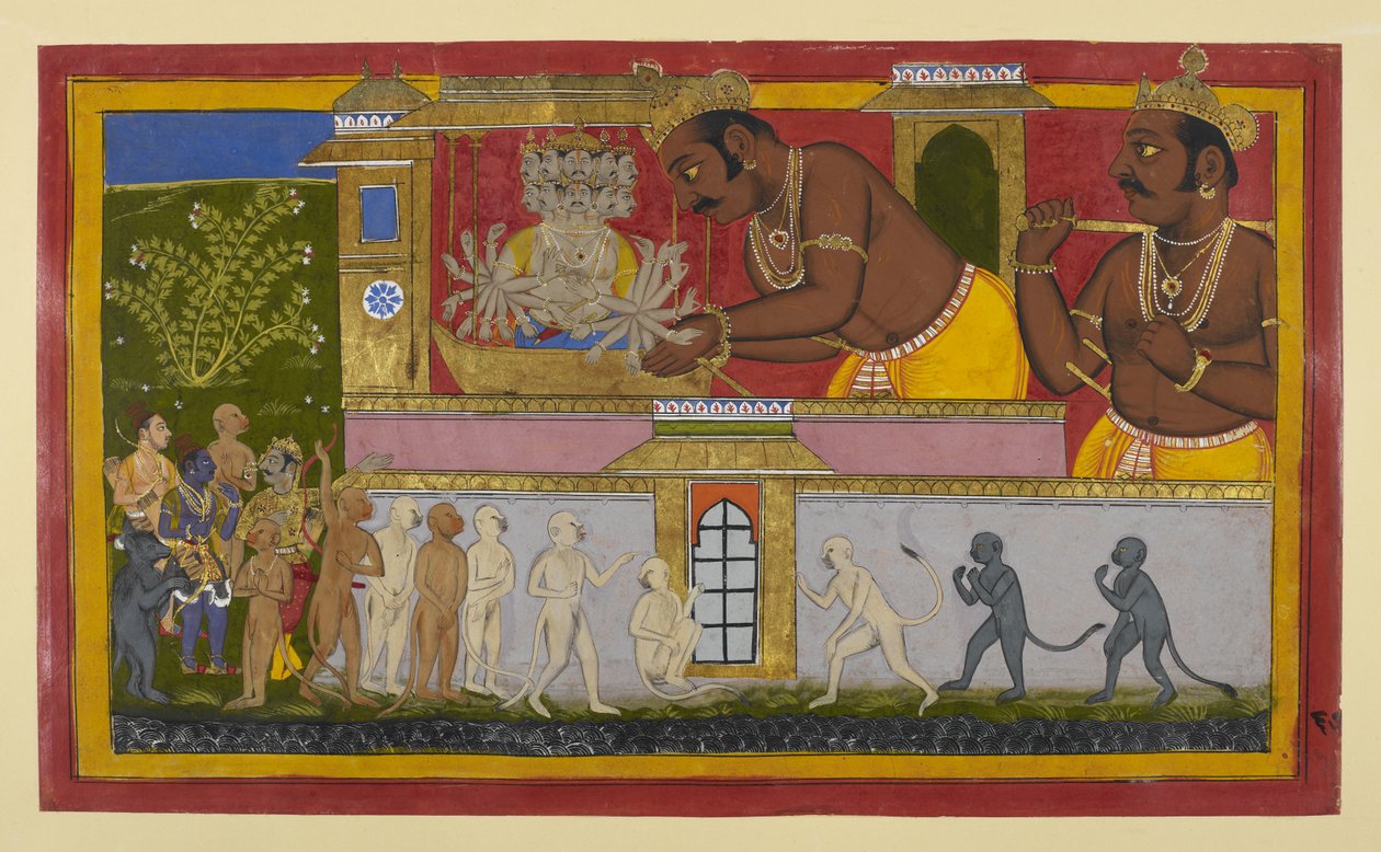 Vibhīṣaṇa elmeséli Kumbhakarṇa átkát; Lakṣmaṇa felépül és felemelkedik. alkotó: Indian School