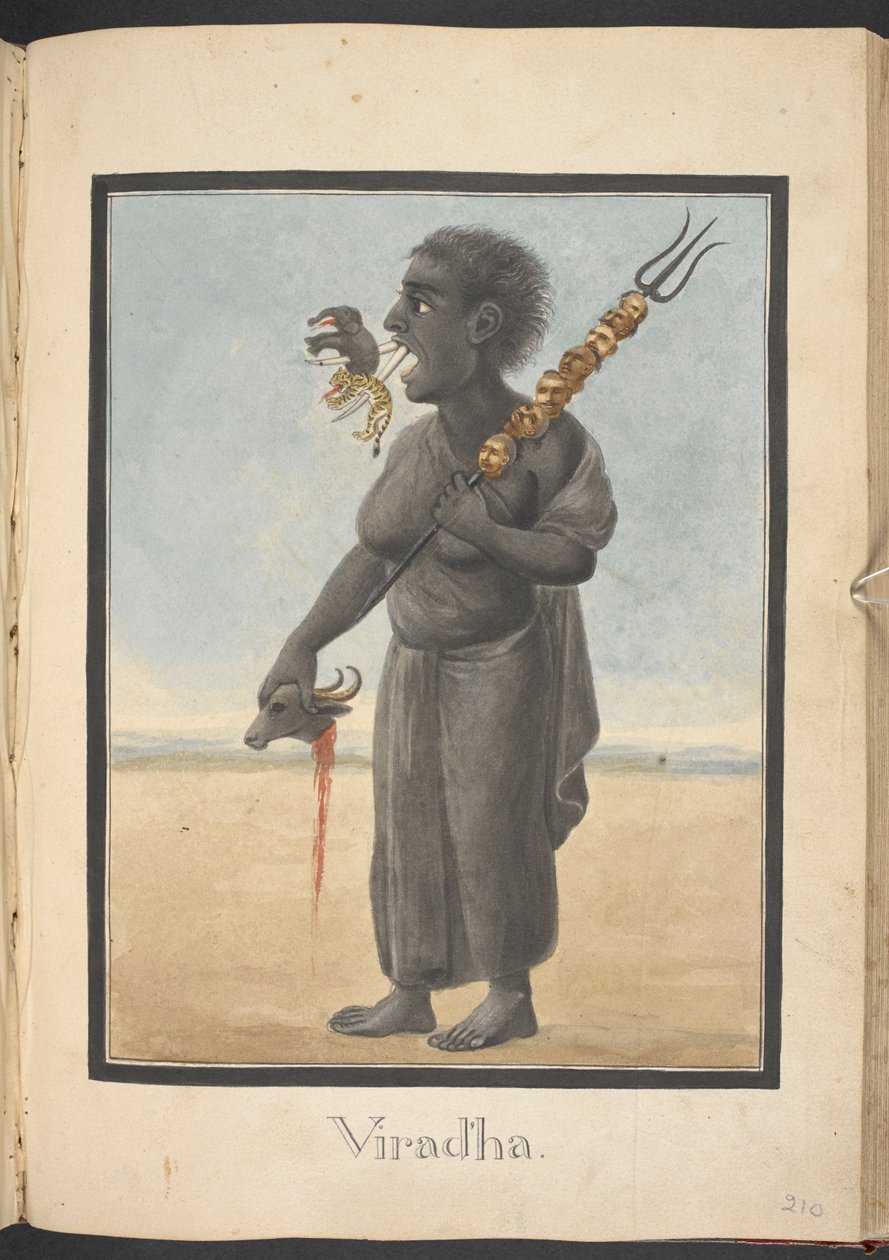 Viradha, egy emberevő démon, akivel Rama találkozik. alkotó: Indian School