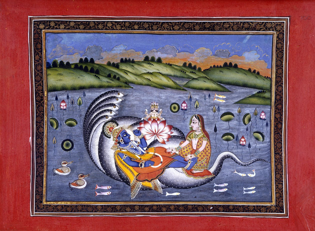 Visnu és Laksmi, illusztráció a Bhagavatapuránából. (A Boldogságos Úr Puránája)” Kalurama alkotó: Indian School