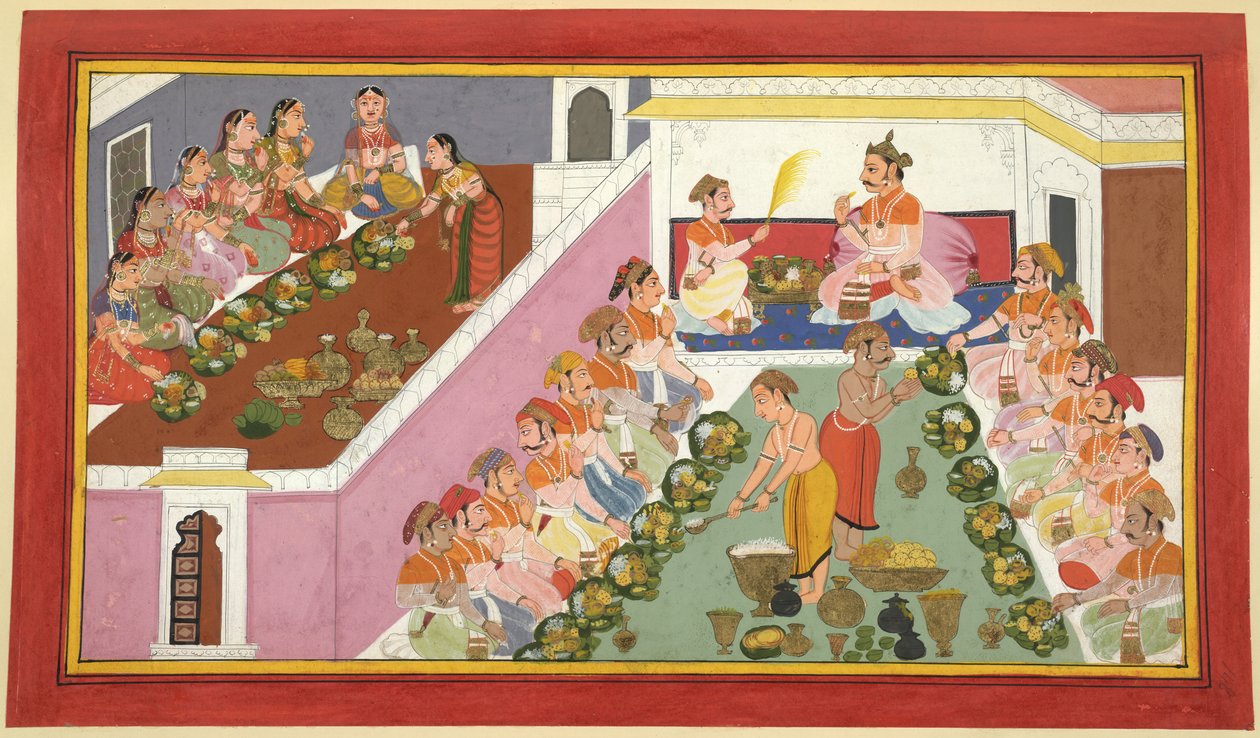 Visvamitra, kísérői és a sereg élvezik a pompás lakomát a remeteségben. alkotó: Indian School