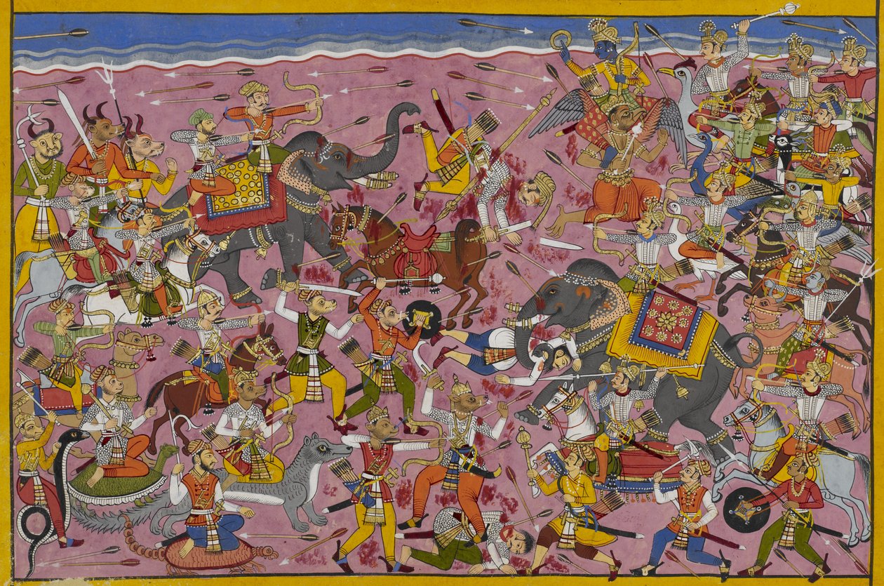 Viṣṇu harcol a démonokkal; Mali elesik, átdöfve egy lándzsával. alkotó: Indian School