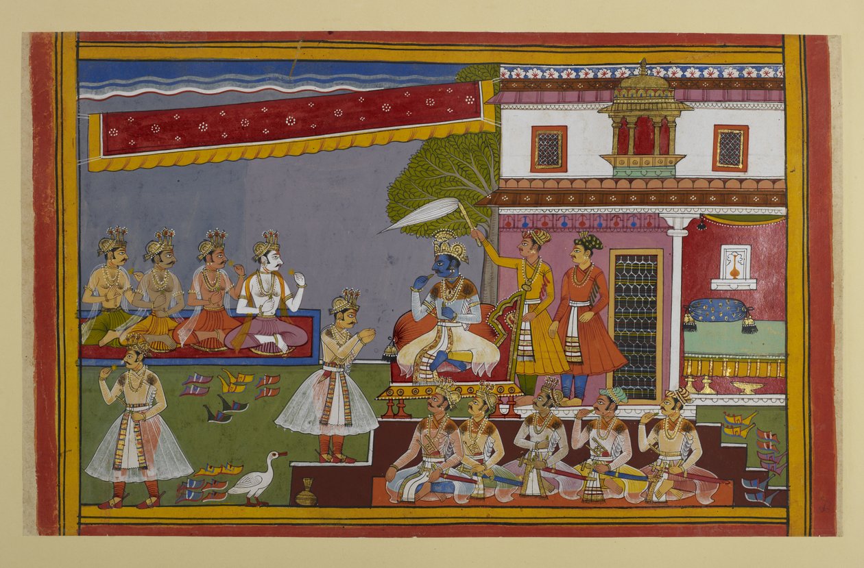 Viṣṇu visszautasítja a harcot Rāvaṇa ellen, mivel az áldást adott neki, de az isteneket arra bátorítja, hogy harcoljanak ellene. alkotó: Indian School