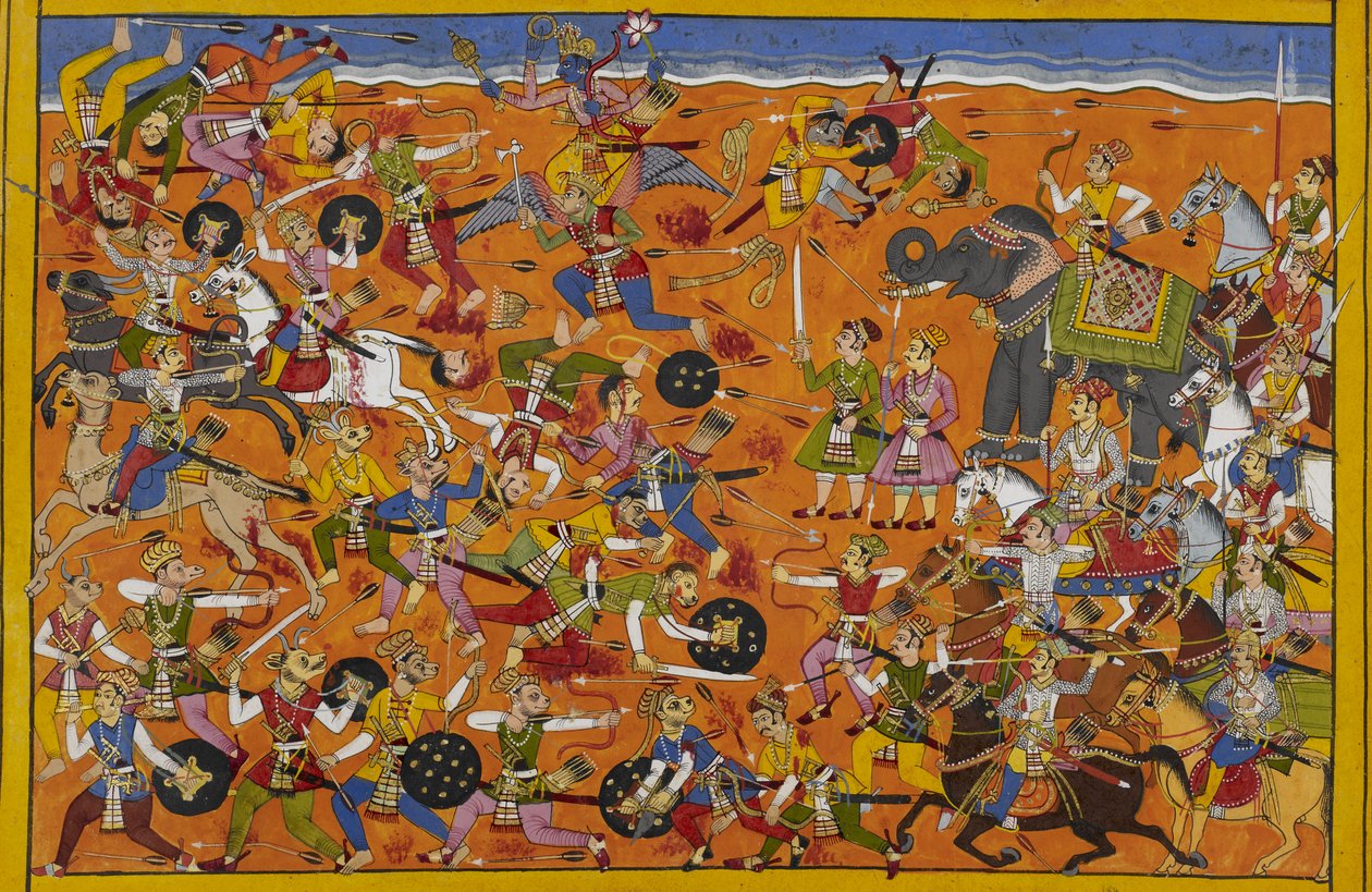 Viṣṇu vezeti az isteneket, legyőzi Malyavānt, a démonok szégyenszemre visszavonulnak. alkotó: Indian School