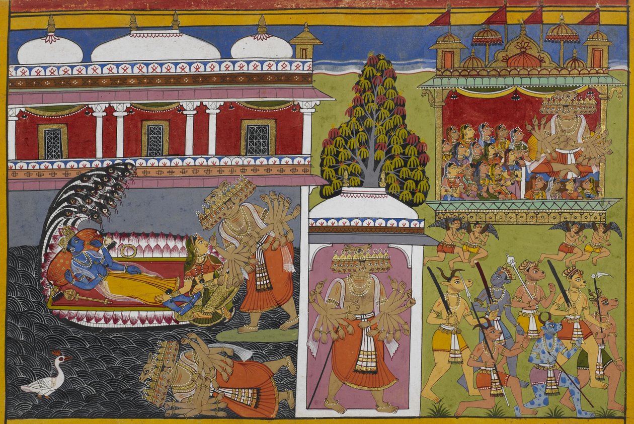 Viṣṇu Lakshmi mellett pihen, amikor Rāvaṇa elesik, majd szekerén nőket rabol el. alkotó: Indian School