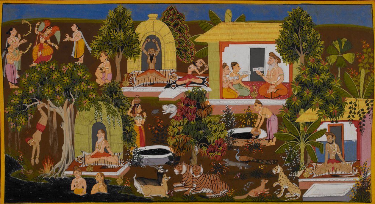 Viśvāmitra felfedezi a bölcs Vasiṣṭha remeteségét. alkotó: Indian School