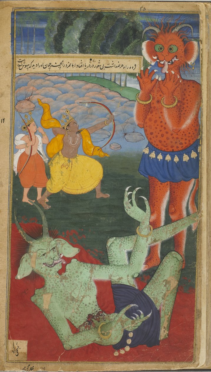 Vol.1 fol.38 Rama és Laksmana szembeszállnak a démonokkal, Marica és Subahu Mohana (átlátszatlan wc, tinta és arany papíron) alkotó: Indian School