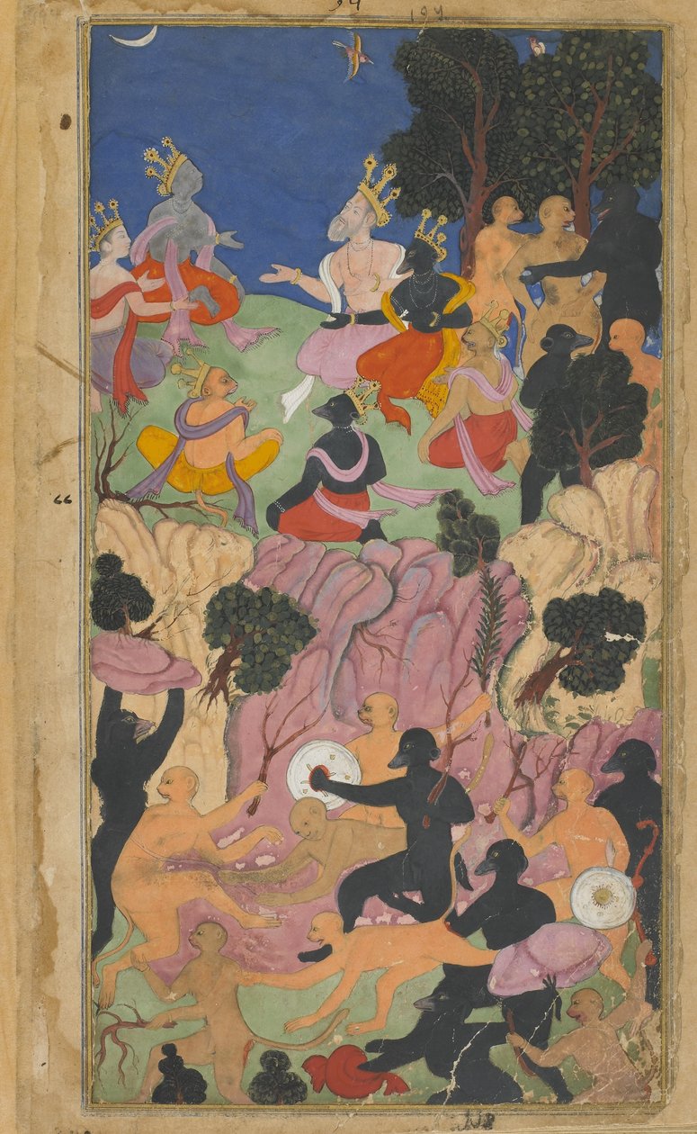 2. kötet, 194. Rama a Vanara törzsfőnökökkel tanácskozik a Suvela-hegyen (átlátszatlan akvarell, tinta és arany a papíron) alkotó: Indian School