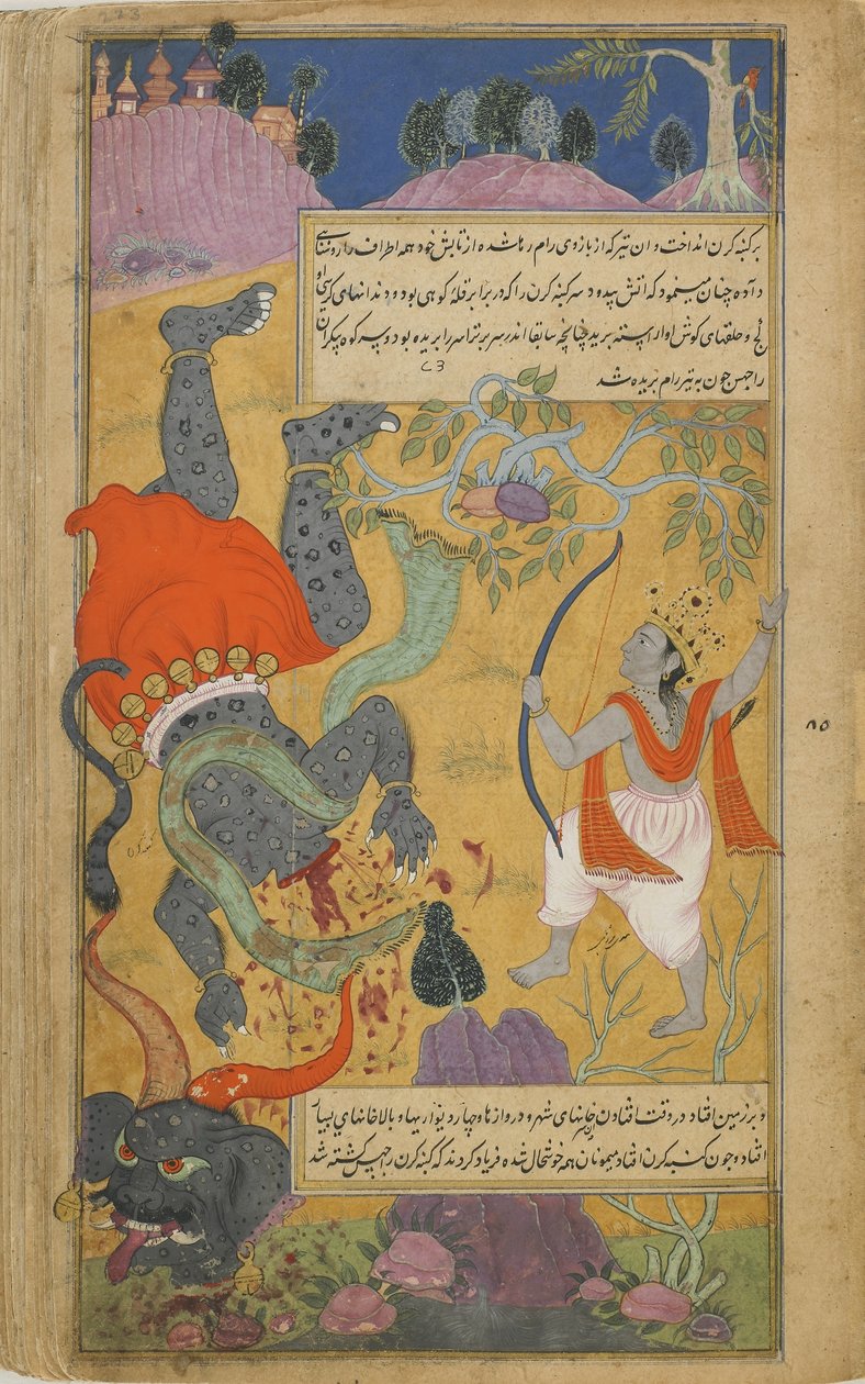 Vol.2 fol.223 Rama lefejezi Kumbhakarnát (átlátszatlan akvarell, tus és arany papíron) alkotó: Indian School