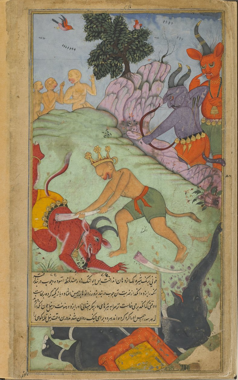 Vol.2 fol.227 Angada lesújt Devantakára Mahodarasz elefántról letépett agyarával (átlátszatlan akvarell, tus és arany a papíron) alkotó: Indian School
