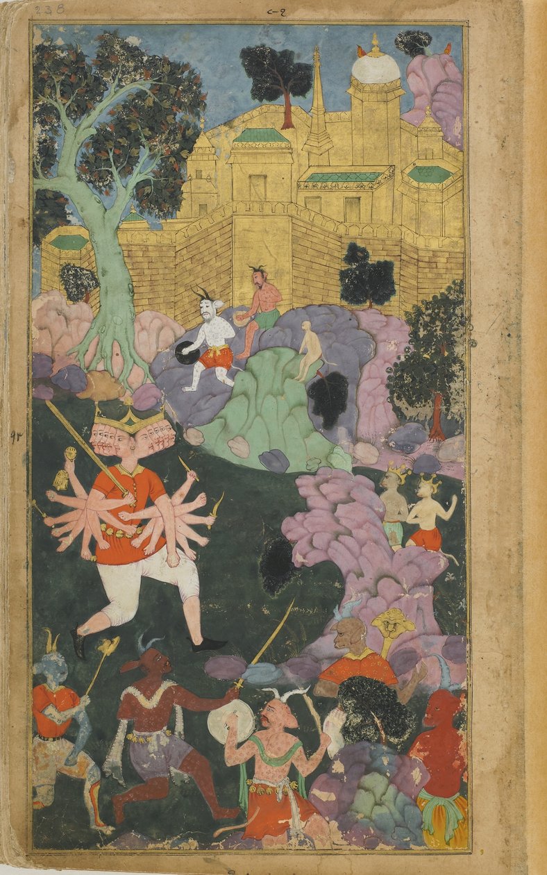 Vol.2 fol.238 Ravana és csapatai állást foglalnak a város előtt (átlátszatlan akvarell, tinta és arany papíron) alkotó: Indian School