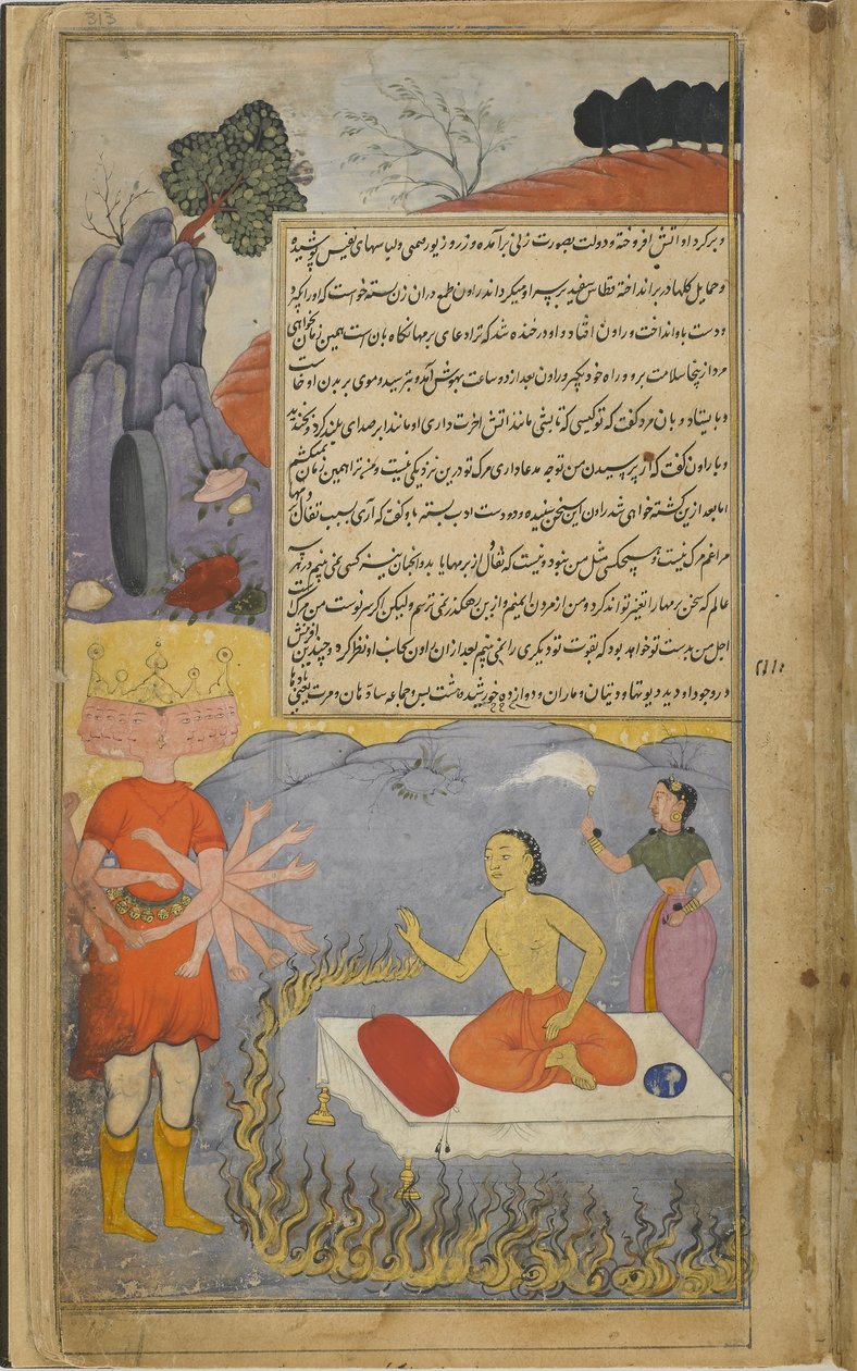 Vol.2 fol.313 Ravana Mahajambunadával beszélget, akit tűzgyűrű vesz körül, és Laksmi (átlátszatlan akvarell, tinta és arany papíron) kíséri. alkotó: Indian School
