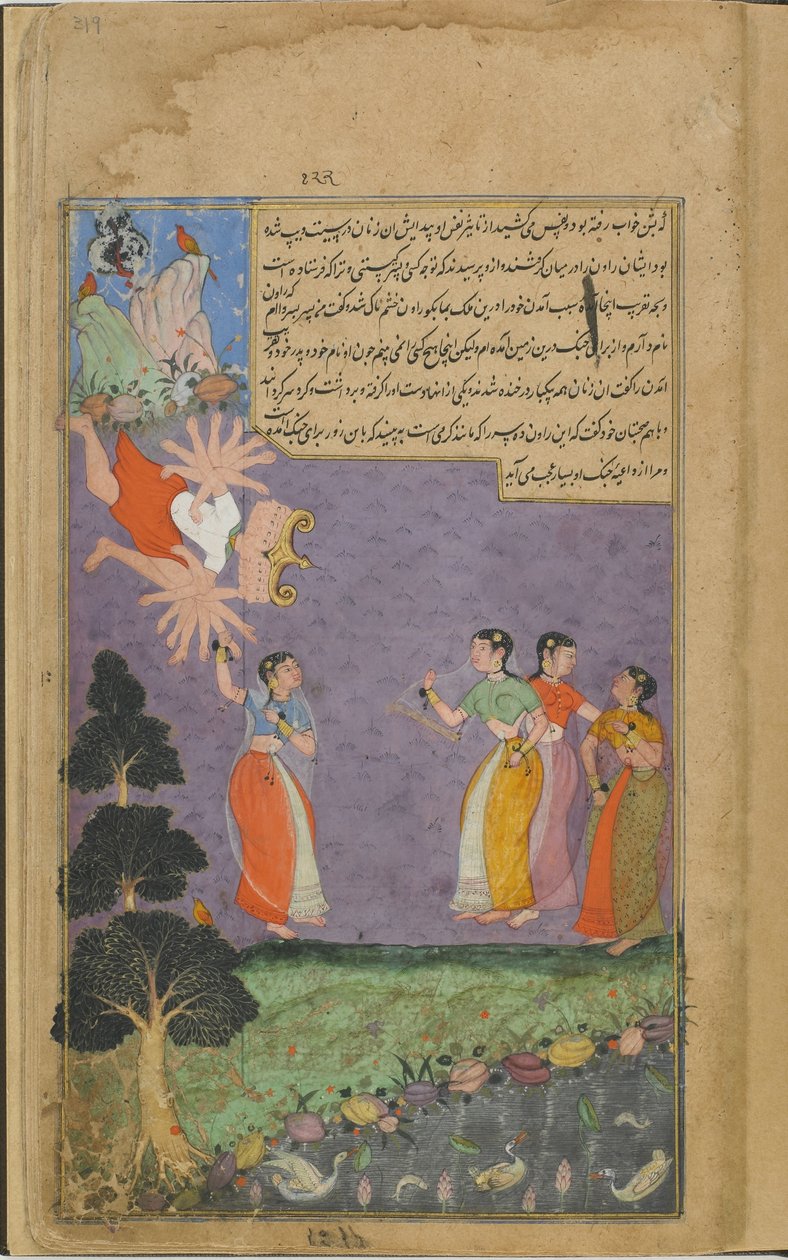 Vol.2 fol.319 Svetadvipa asszonyai Ravanát dobálják (átlátszatlan akvarell, tinta és arany papíron) alkotó: Indian School
