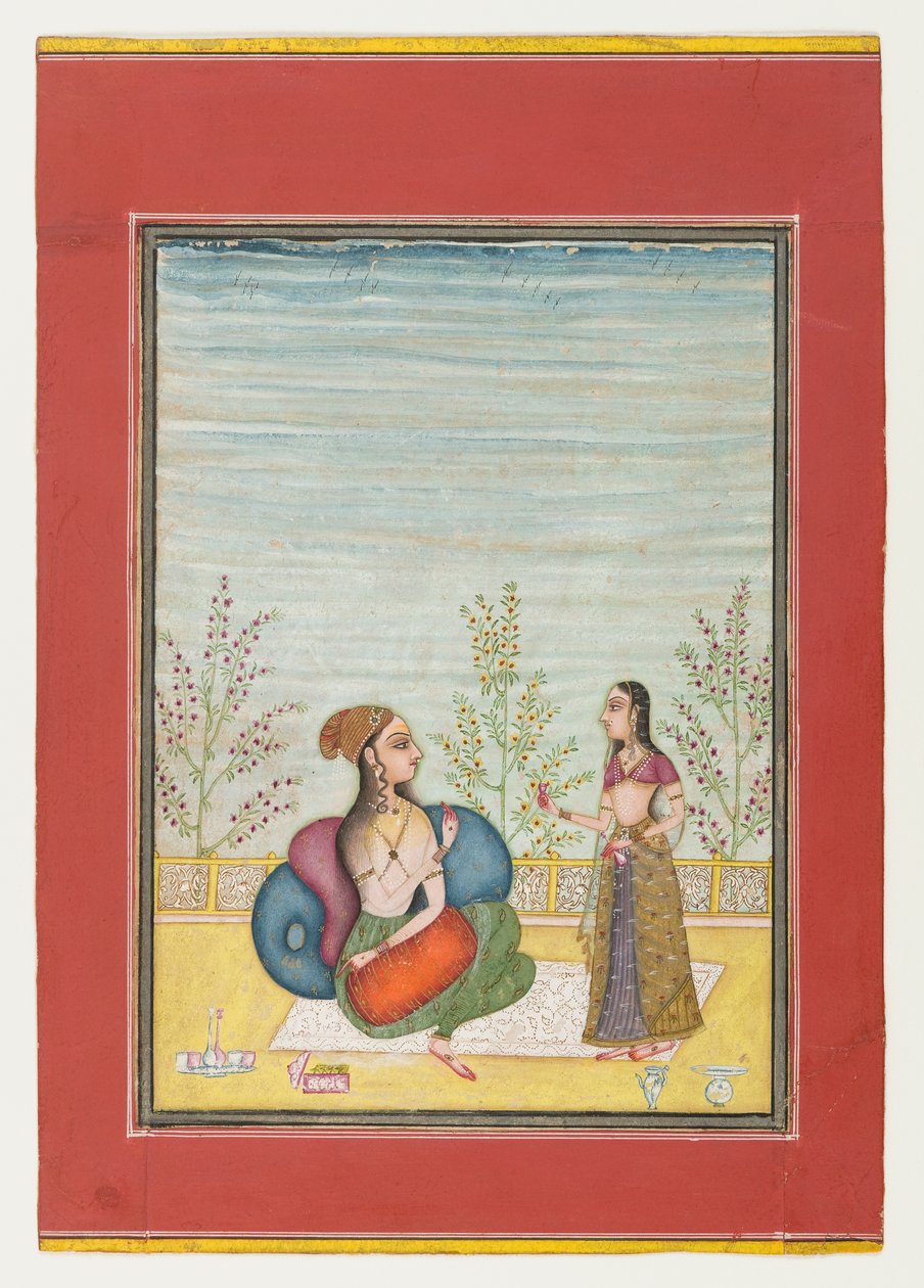 Nő és kísérő, 1700-10 körül (átlátszatlan wc és arany papíron) alkotó: Indian School
