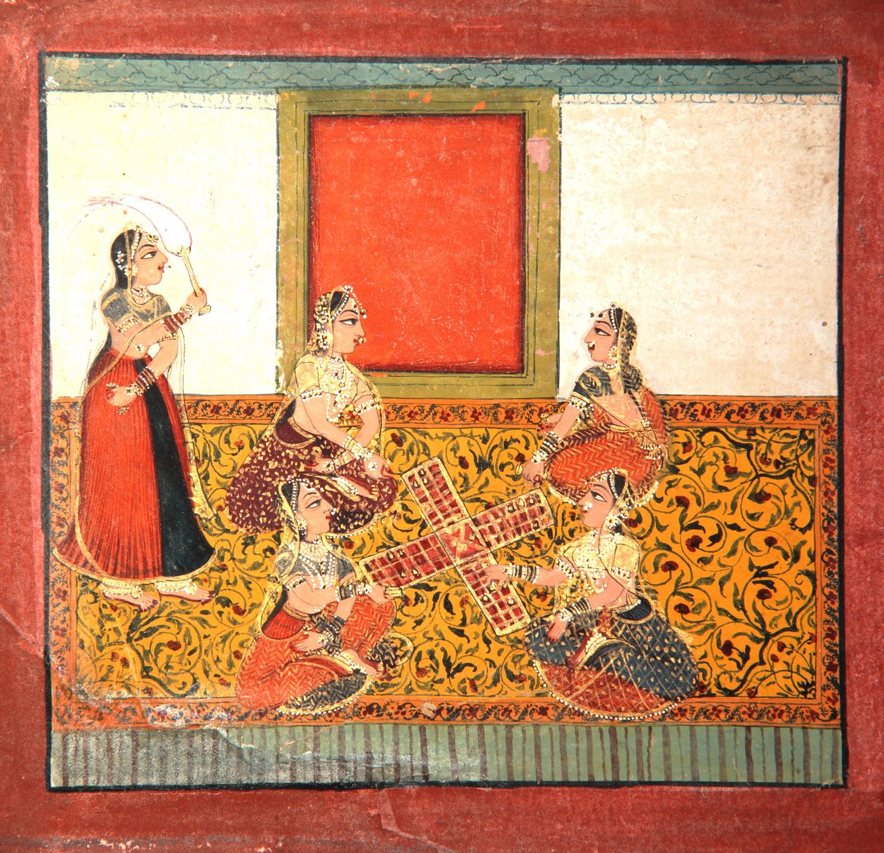 Parcheesit játszó nők sárga mintás padlón ülve, 1725 körül (átlátszatlan wc és arany papíron) alkotó: Indian School