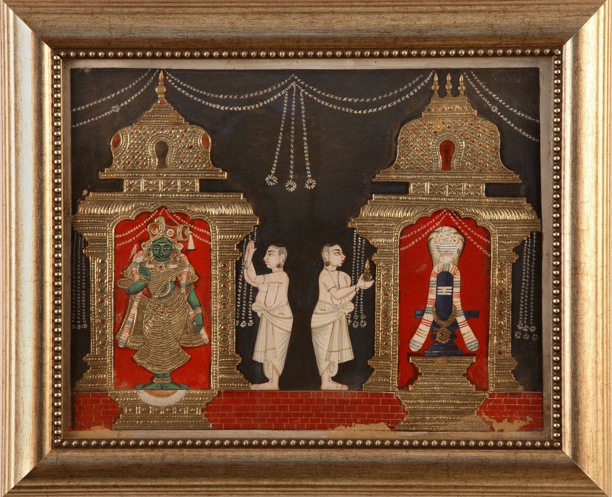 Visnhu és Shiva imádása Shivalingam formájában, Tanjavore Iskola, 19. század vége (wc és arany papíron) alkotó: Indian School