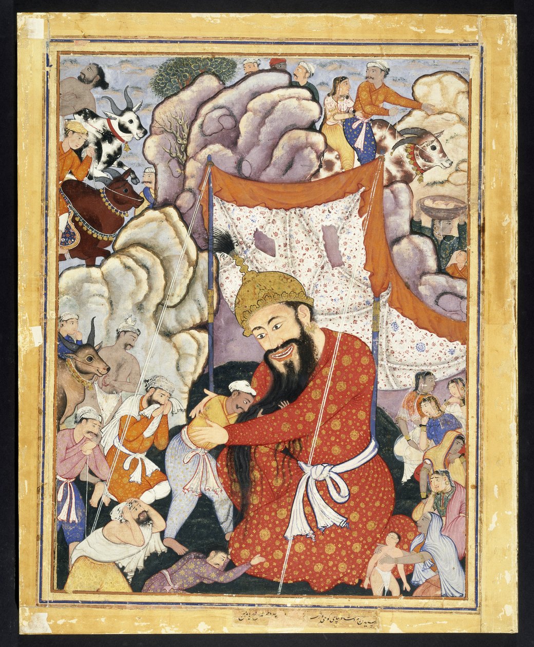 Zumurrud Shah a hegyekben keres menedéket, kb. 1570 (átlátszatlan akvarell és arany pamutszöveten) alkotó: Indian School