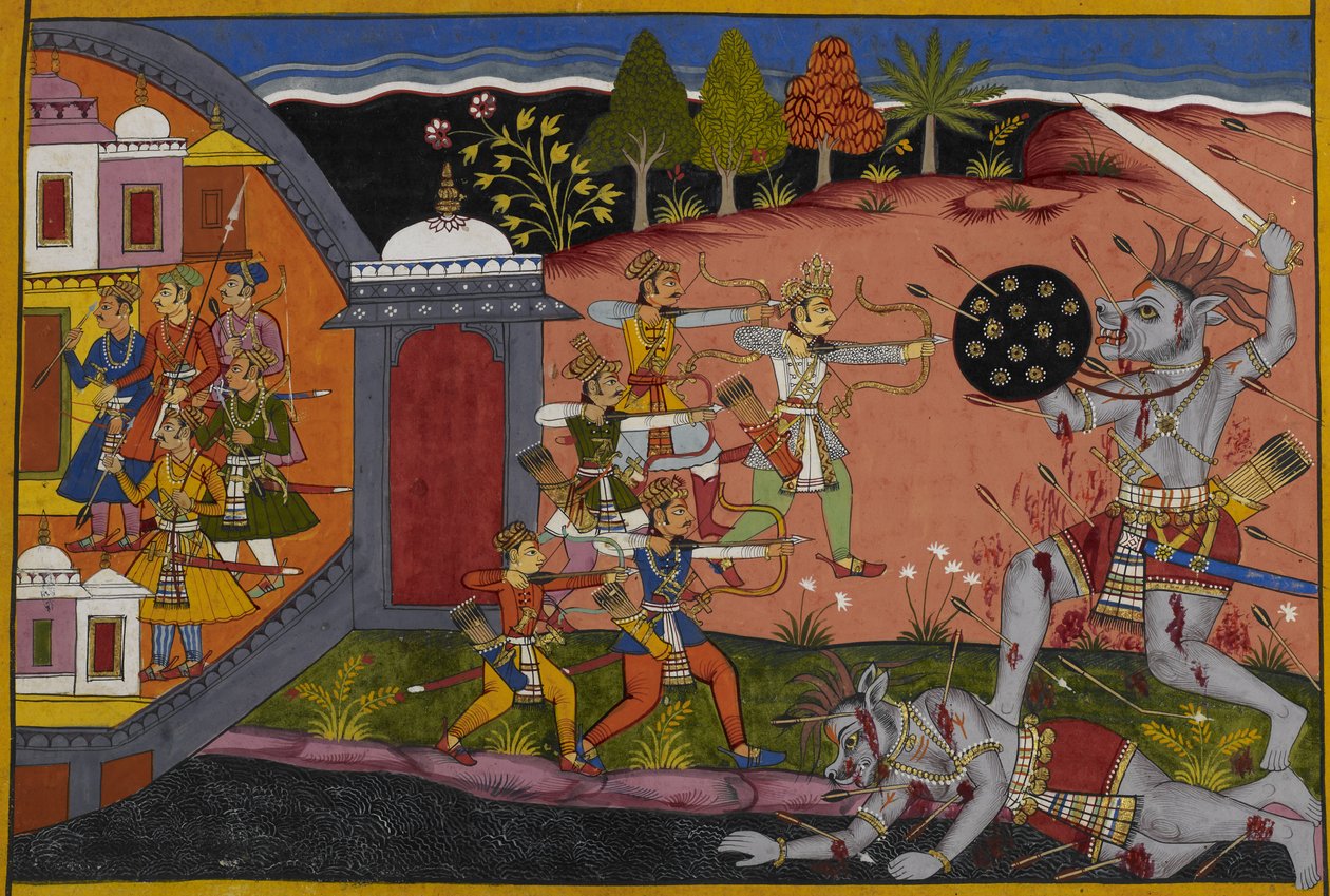 Śatrughna megöli Lavana-t, az istenek dicsérik, és megkapja Madhu királyságát. alkotó: Indian School