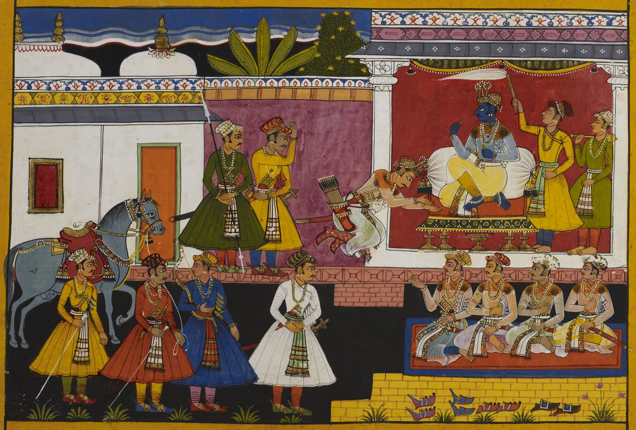 Śatrughna meglátogatja Rāmát, aki kötelezettségei miatt egy hétig engedi őt maradni. alkotó: Indian School