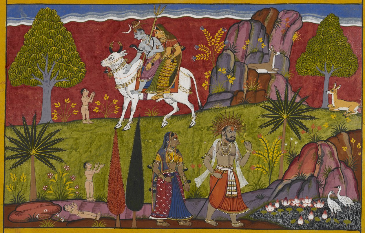 Śiva és Pārvatī halhatatlanságot és azonnali felnőttkort biztosítanak a csecsemő Sukeśának. alkotó: Indian School