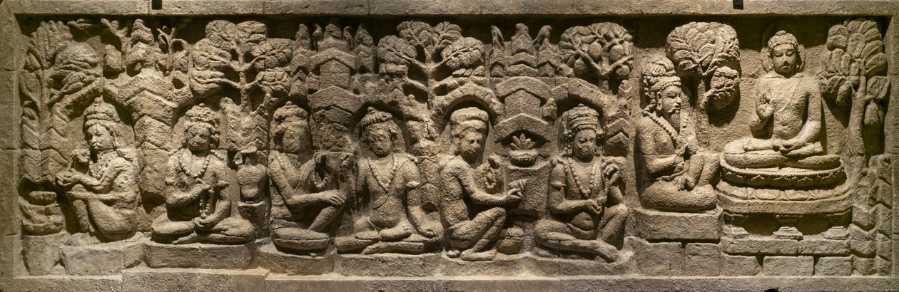 Arada Kalama átadja tanítását a leendő Buddhának. Indonézia, Jáva, Boroduru. század vége alkotó: Indonesian School