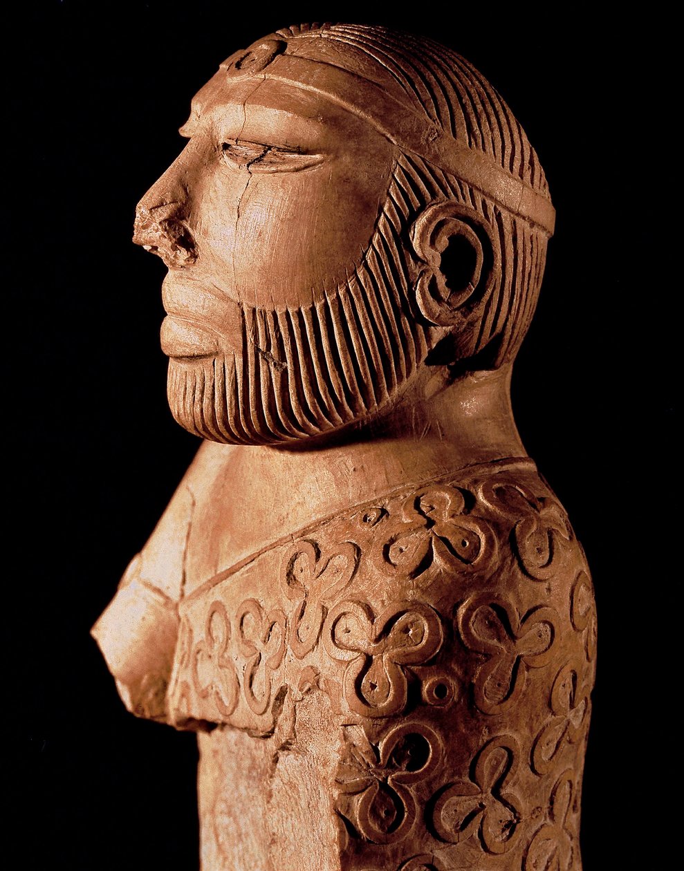 Az Indus-völgy civilizációja: pap király fa mellszobra. Kr.e. 2000 körül. A pakisztáni Mohenjo-Daro webhelyről. Pakisztáni Nemzeti Múzeum, Karacsi. alkotó: Indus Valley Civilization