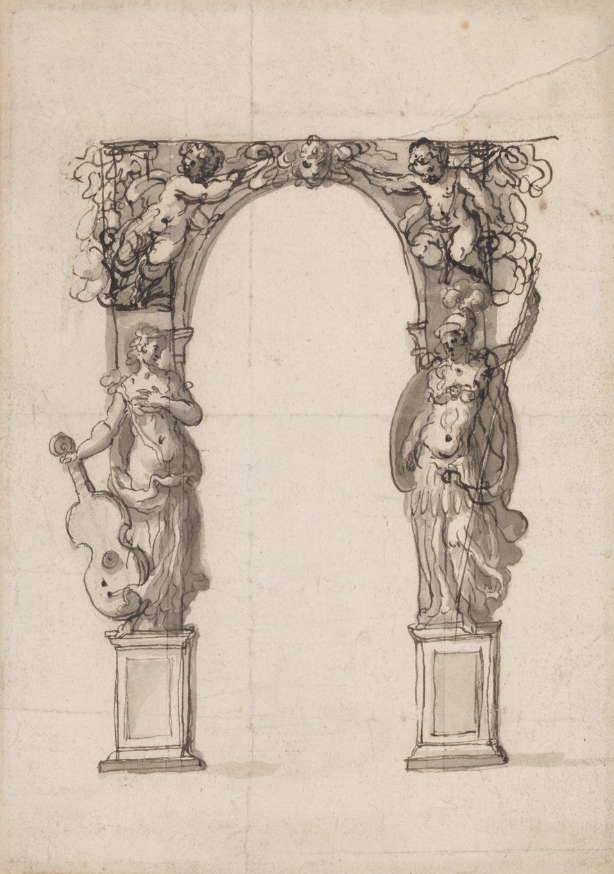A Putti és a zene és a háború figuráival díszített ideiglenes boltív tervezése alkotó: Inigo Jones
