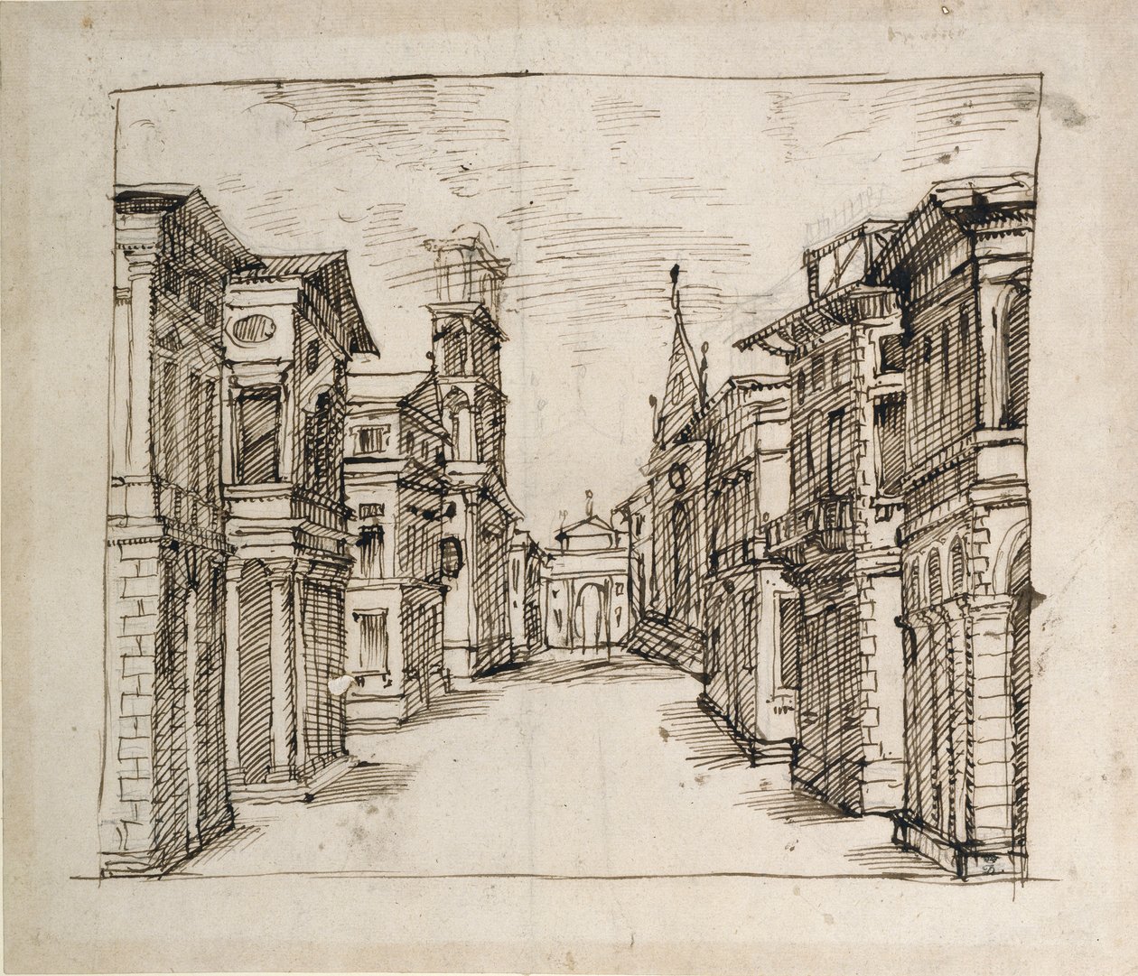 Egy utca perspektívában, 1617 körül (toll és tinta papíron) alkotó: Inigo Jones