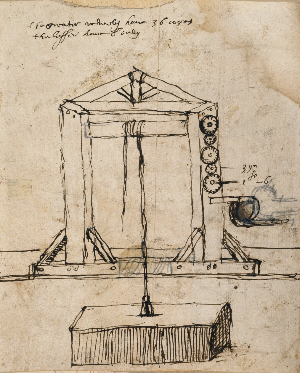 A görgős emelő falazat diagramja (toll és tinta papíron) alkotó: Inigo Jones