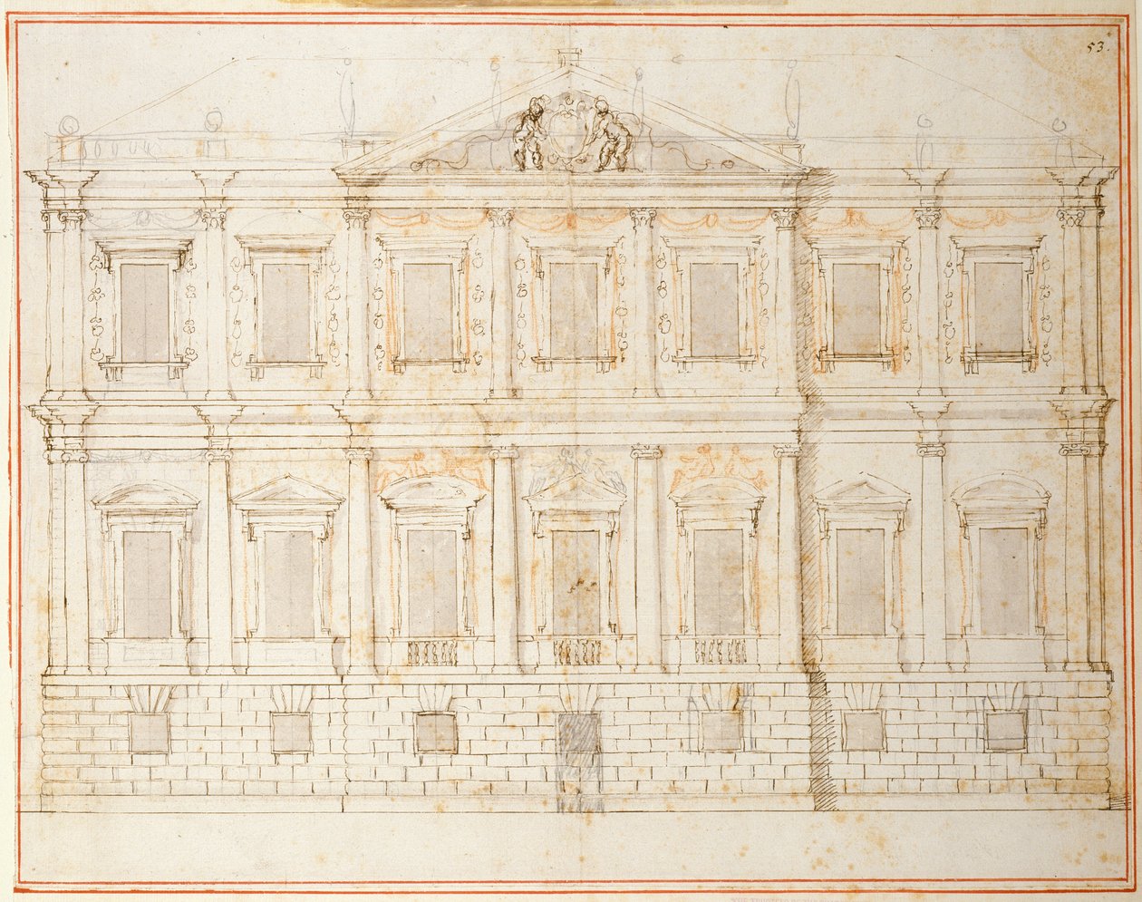 A Banqueting House, Whitehall, 1619 körüli utolsó előtti tervének kiemelkedése (toll és tinta papíron) alkotó: Inigo Jones