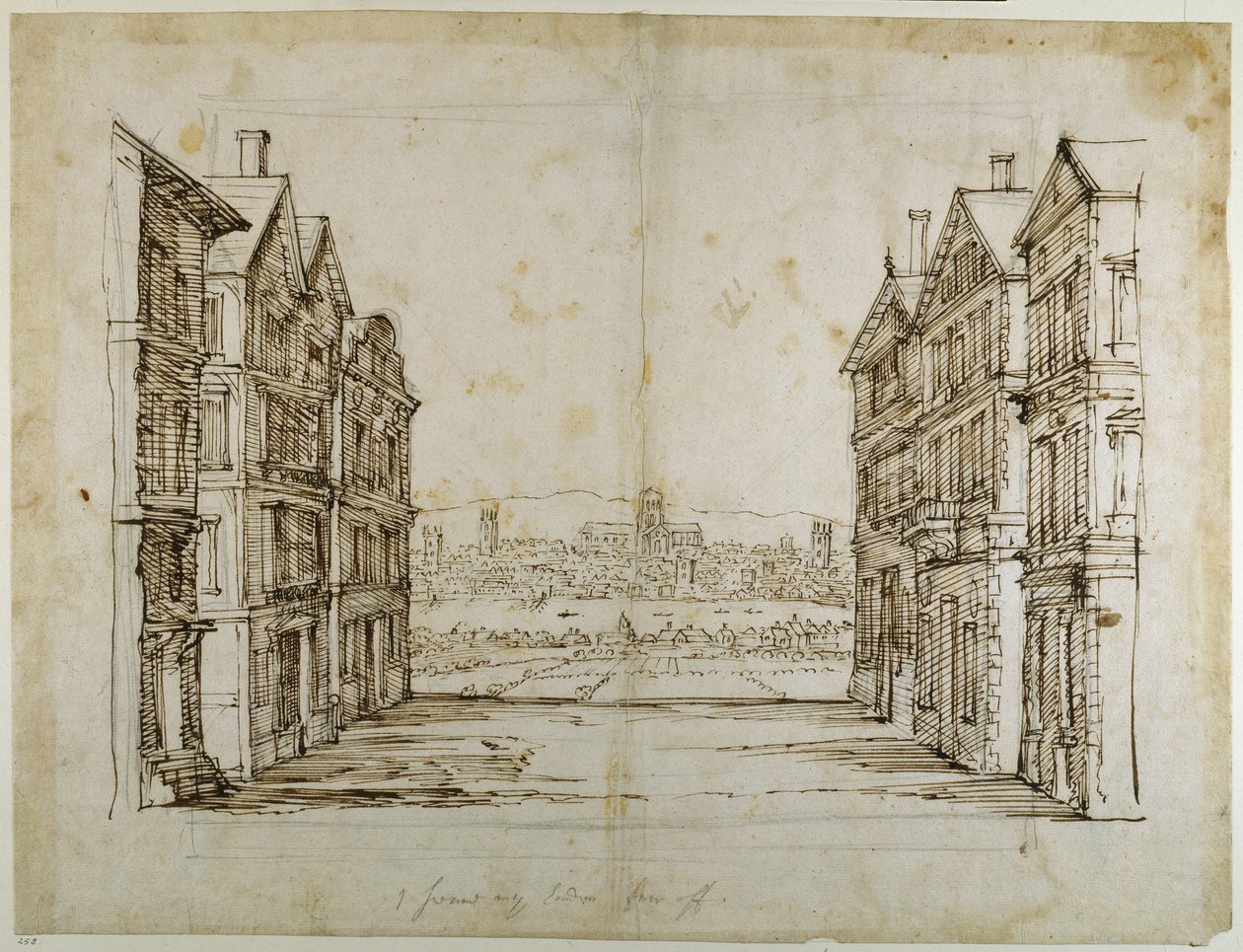 Angol házak Londonnal és a Temzével messze (toll és tinta papíron) alkotó: Inigo Jones