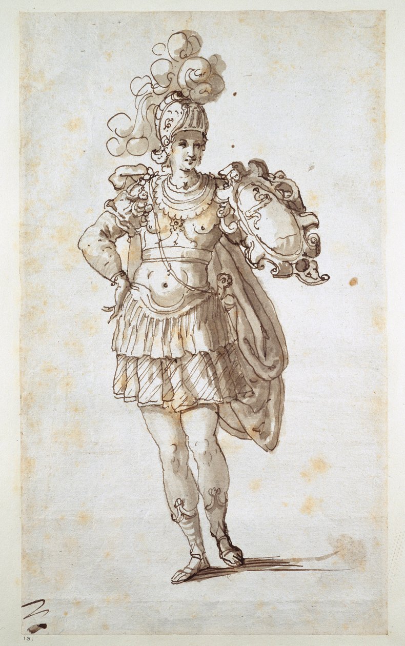 Pajzsot viselő lovag vagy lovag (toll és tinta papíron) alkotó: Inigo Jones