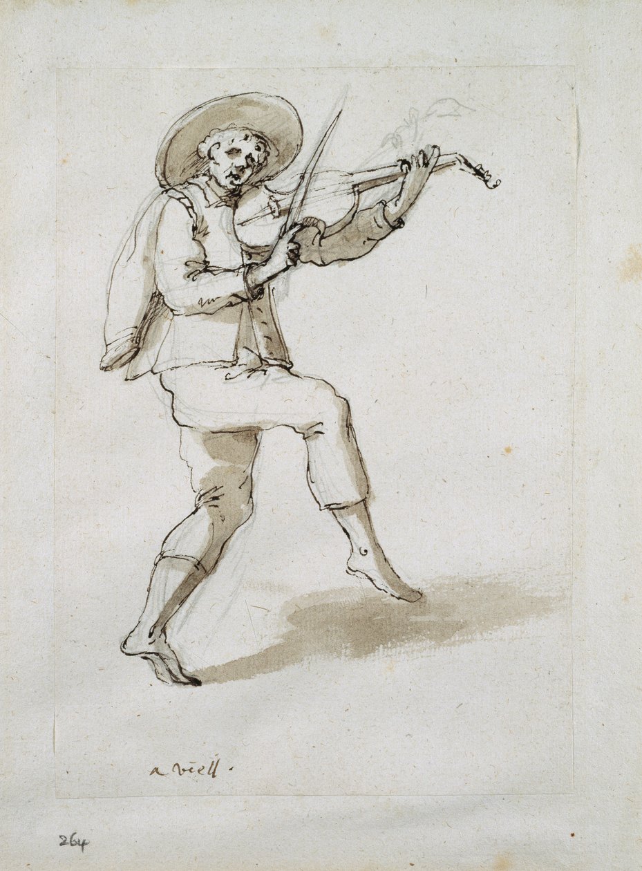 Férfi hegedűs (toll és tinta papíron) alkotó: Inigo Jones