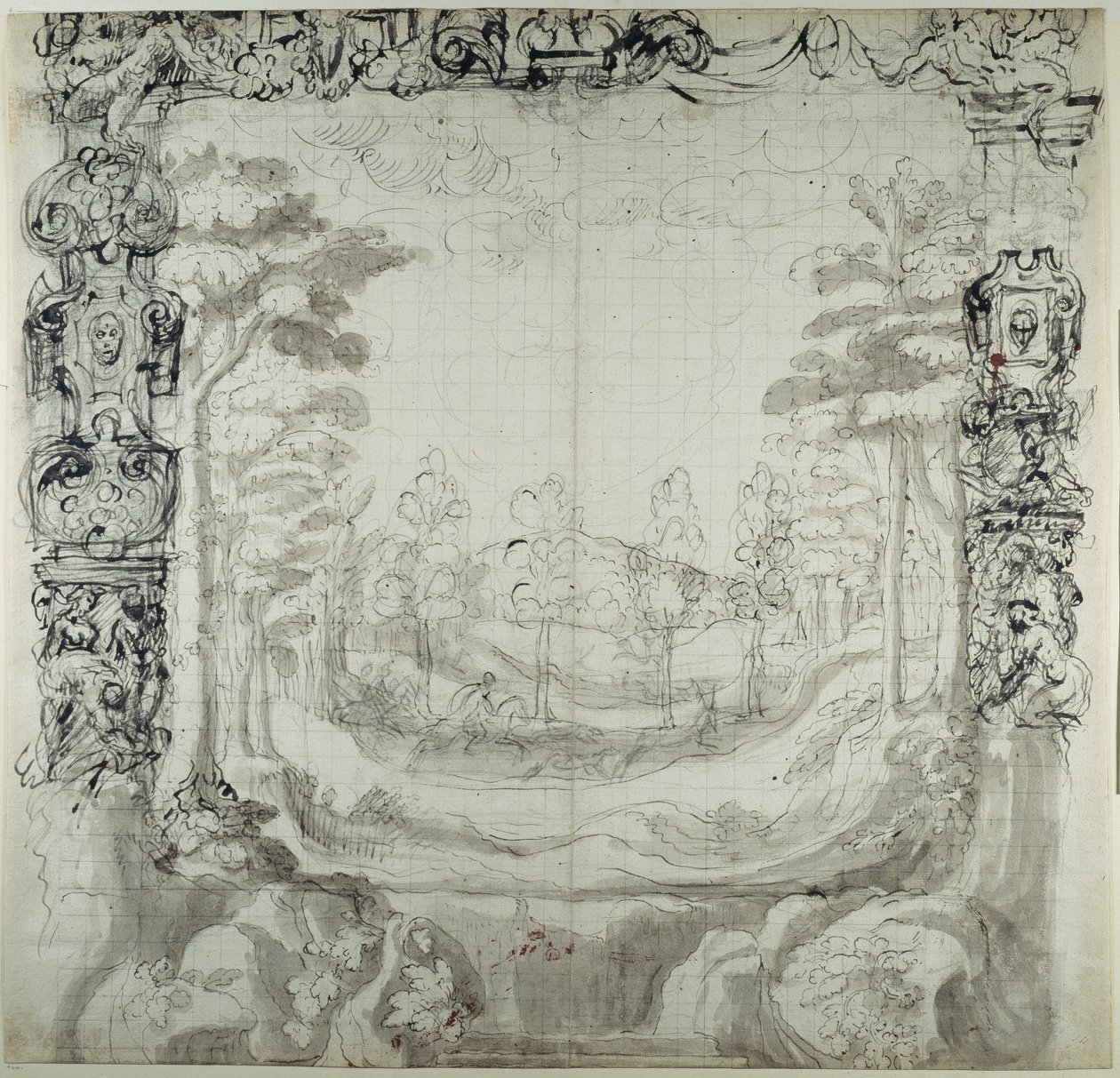 Proszcénium és vadászjelenet (toll és tinta papíron) alkotó: Inigo Jones