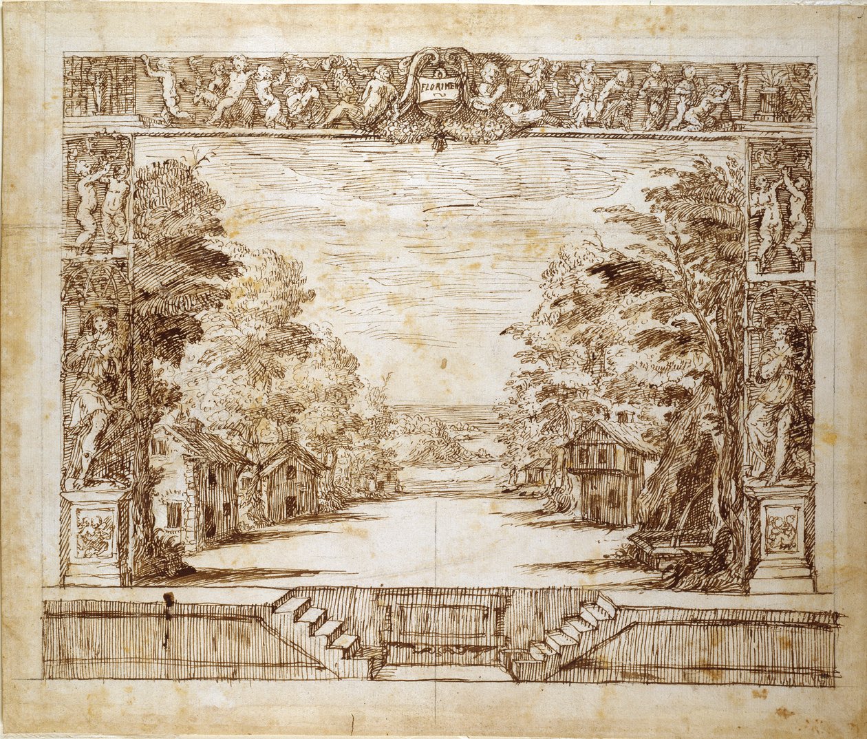 Proszcénium és álló jelenet, 1635 körül (toll és tinta papíron) alkotó: Inigo Jones