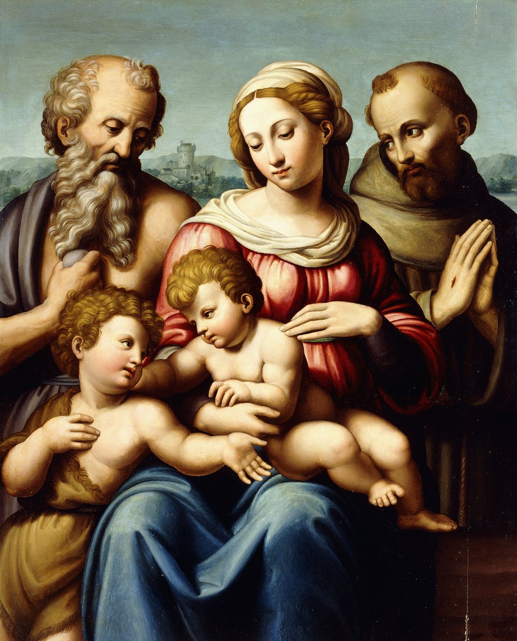 Madonna és gyermeke Keresztelő Szent János csecsemővel, alkotó: Innocenzo da Imola