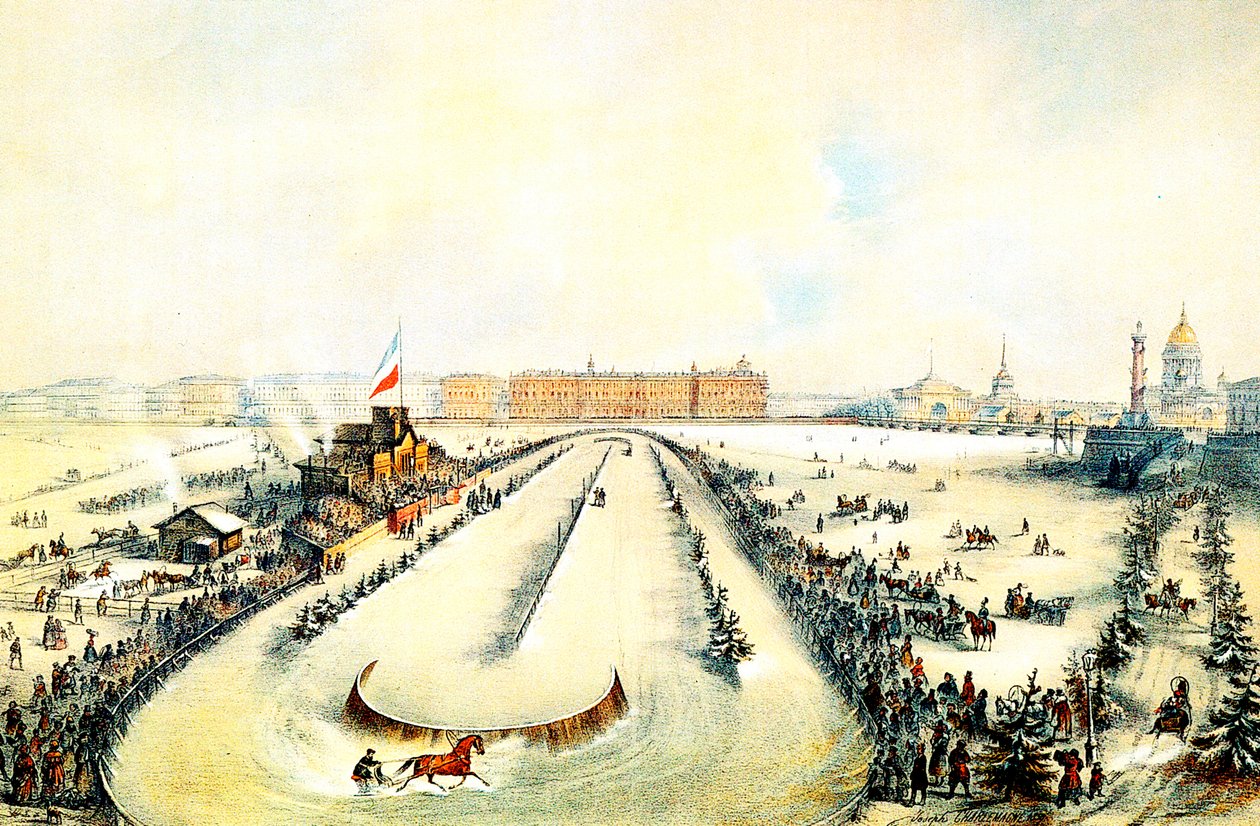 Lóverseny a befagyott Néva folyón Szentpéterváron, Oroszországban, 1859. alkotó: Iosif Adolfovich Charlemagne