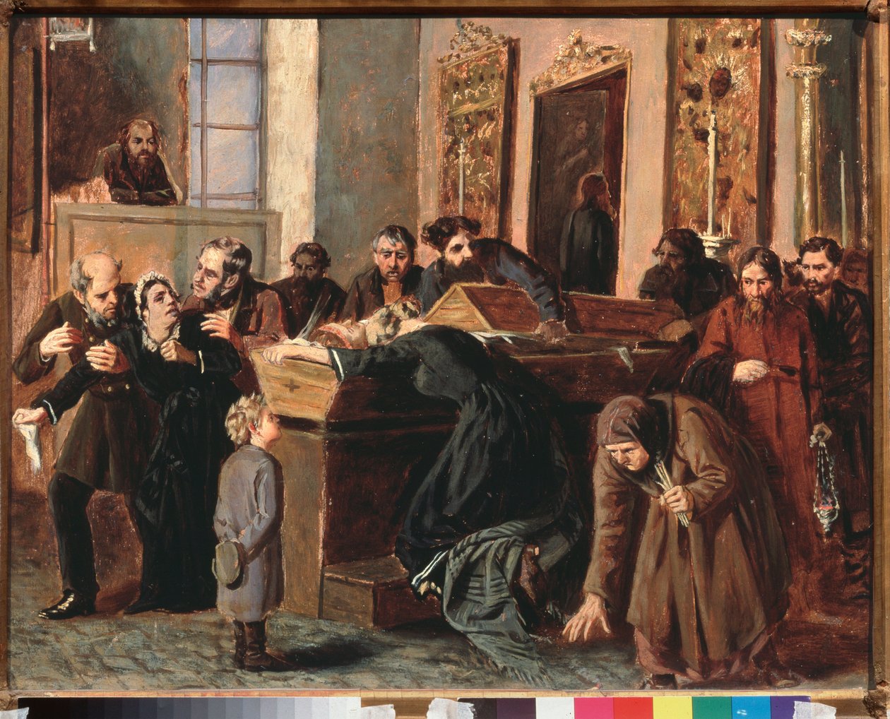 Búcsú a halottaktól – Iosif Petrovich Volkov (1854-1897 után) műve, olaj, papír alkotó: Iosif Petrovich Volkov