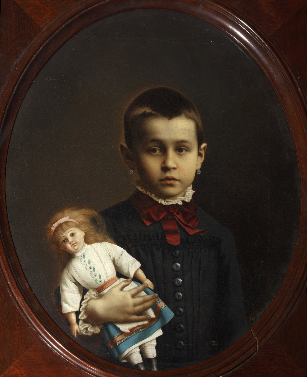 Egy lány portréja babával a kezében, Volkov, Iosif Petrovich (1854-1897 után). Olajfestmény alkotó: Iosif Petrovich Volkov