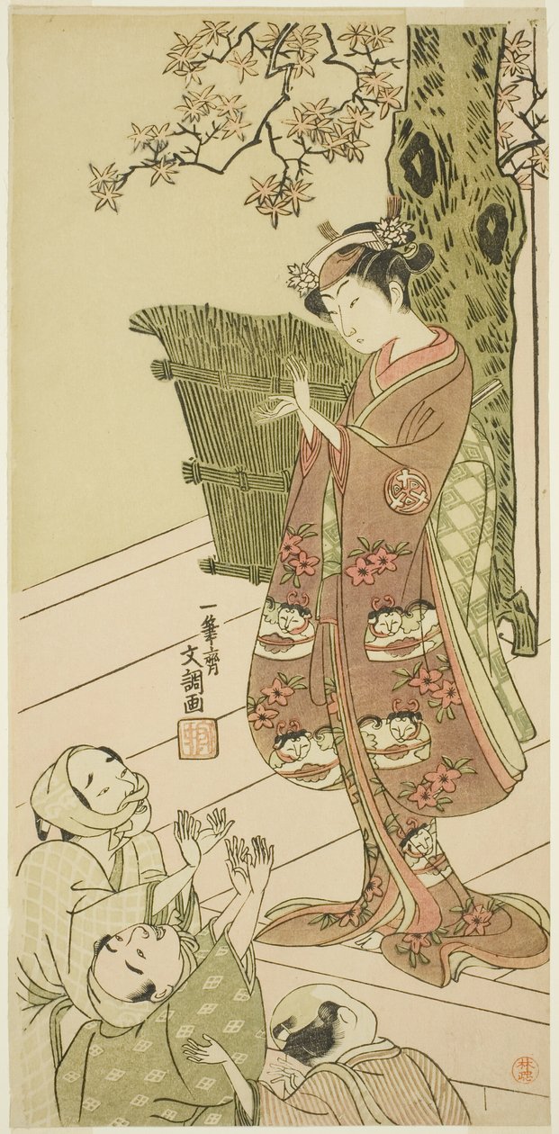 A színész Arashi Hinaji I, valószínűleg mint Yuya Gozen az Ima o Sakari Suehiro Genji (A Genji klán most a zenitjén) című darabban, a Nakamura Színházban a tizenegyedik hónap első napjától, 1768 alkotó: Ippitsusai Bunchō