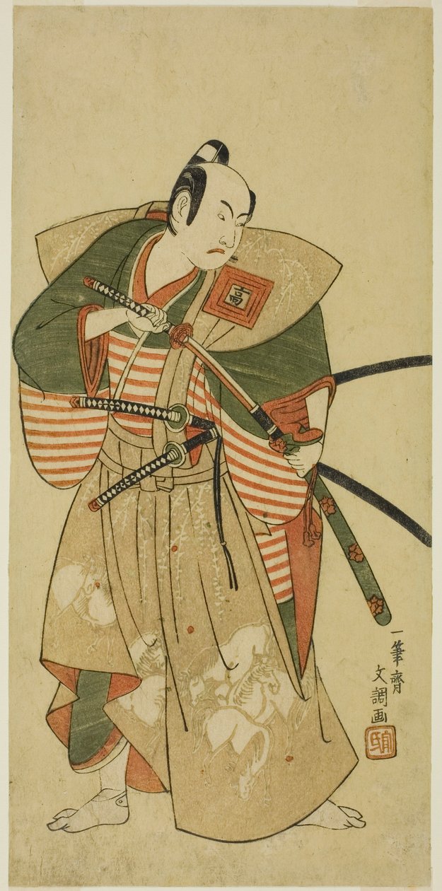 A színész Ichikawa Komazo II Kudo Saemon Suketsune (?) szerepében a Haru wa Soga Akebono-zoshi (?) című darabban, a Nakamura Színházban (?) az első hónapban, 1772 (?) alkotó: Ippitsusai Bunchō