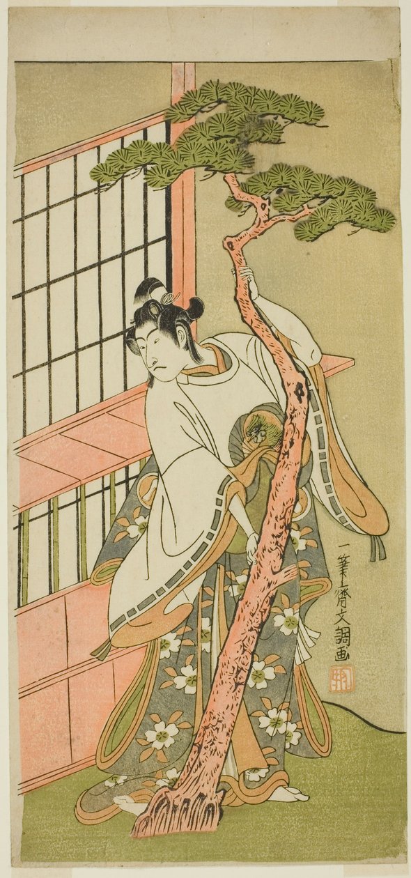 II. Ichikawa Monnosuke színész Tsunewaka-maru szerepében az Iro Moyo Aoyagi Soga című darabban, a Nakamura Színházban a második hónapban, 1775 alkotó: Ippitsusai Bunchō